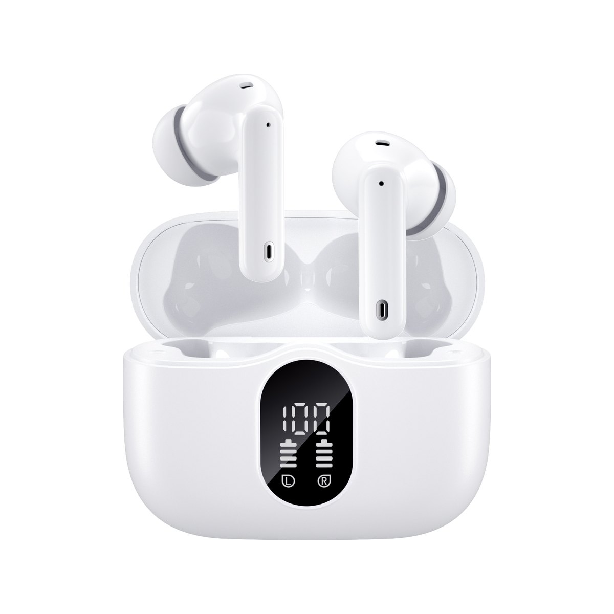 True wireless earbuds with digital battery display, white